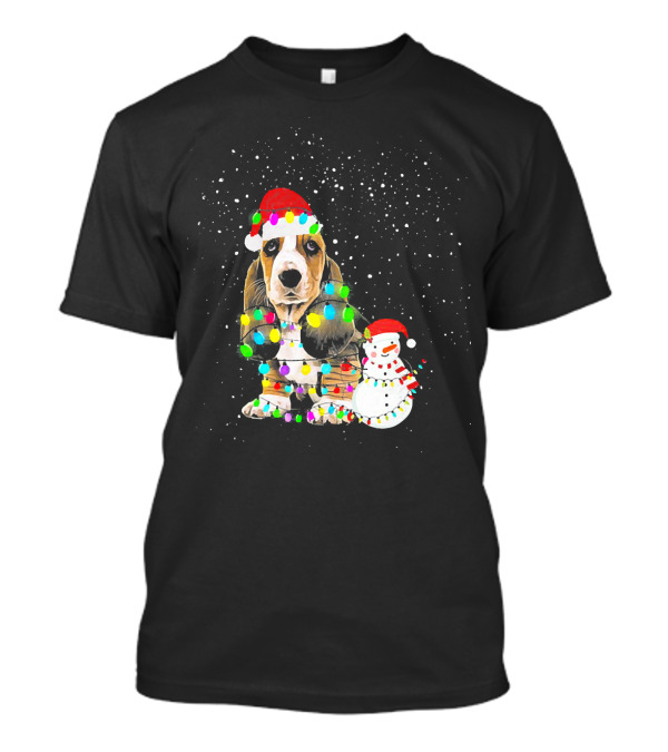 Basset Hound Christmas Lights Snowman Santa Hat T-Shirt