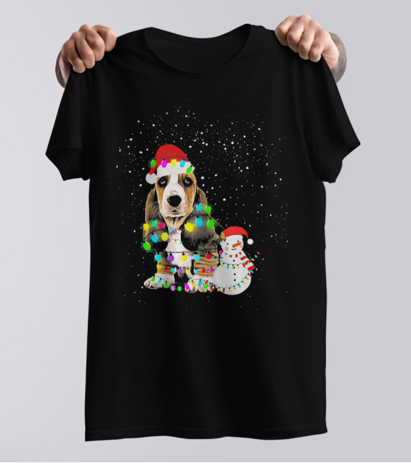 Basset Hound Christmas Lights Snowman Santa Hat T-Shirt