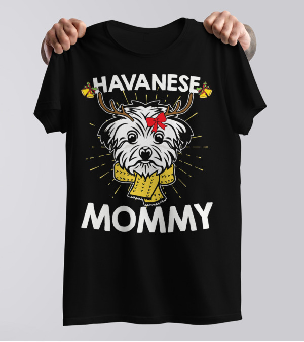 Havanese Mommy Christmas Dog With Antlers And Red Bow T-Shirt