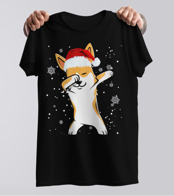 Welsh Corgi Dabbing Christmas Dog Snowflakes Santa Hat T-Shirt