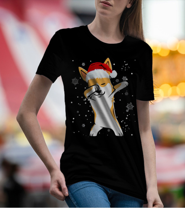 Welsh Corgi Dabbing Christmas Dog Snowflakes Santa Hat T-Shirt