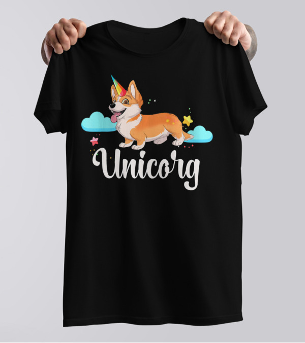 Unicorg Unicorn Corgi With Colorful Horn And Stars In Clouds T-Shirt