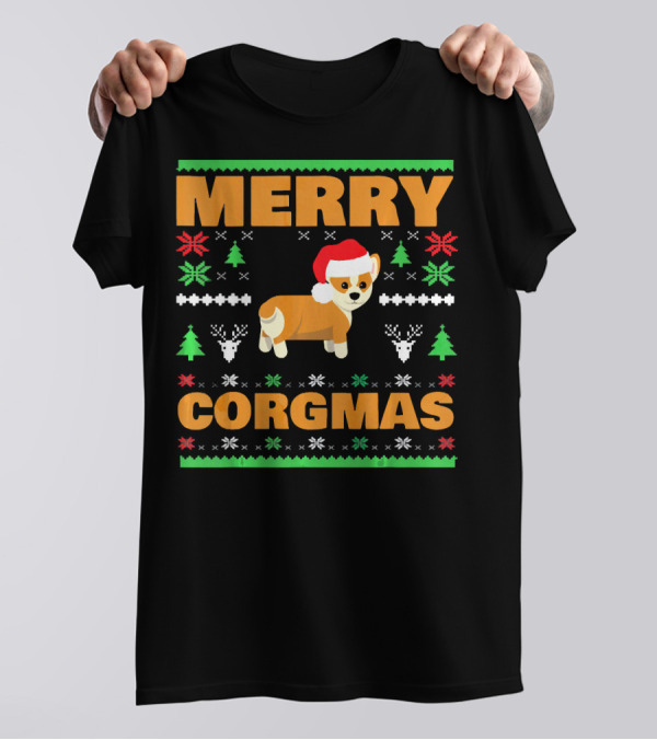 Merry Corgmas Ugly Christmas Sweater Corgi Holiday Santa Hat T-Shirt