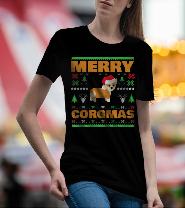 Merry Corgmas Ugly Christmas Sweater Corgi Holiday Santa Hat T-Shirt