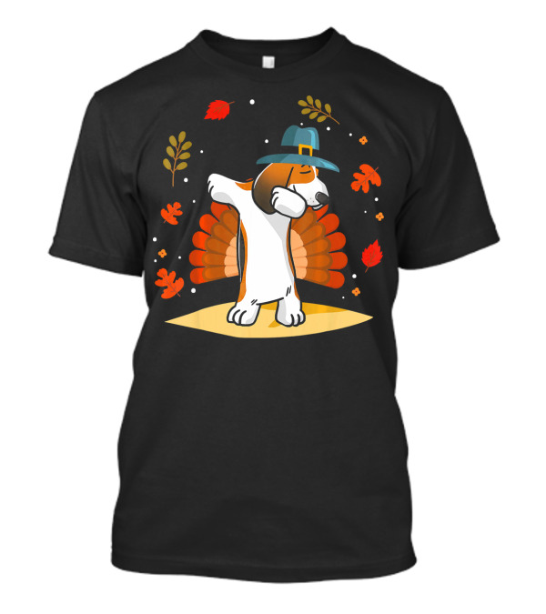 Basset Hound Dog Dabbing Thanksgiving With Pilgrim Hat And Autumn Leaves T-Shirt