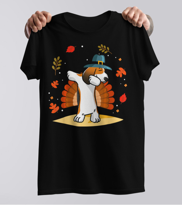 Basset Hound Dog Dabbing Thanksgiving With Pilgrim Hat And Autumn Leaves T-Shirt