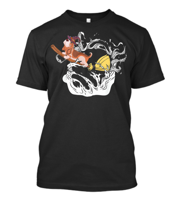 Basset Hound Dog In Witch Hat Riding Broomstick With Swirling Smoke T-Shirt