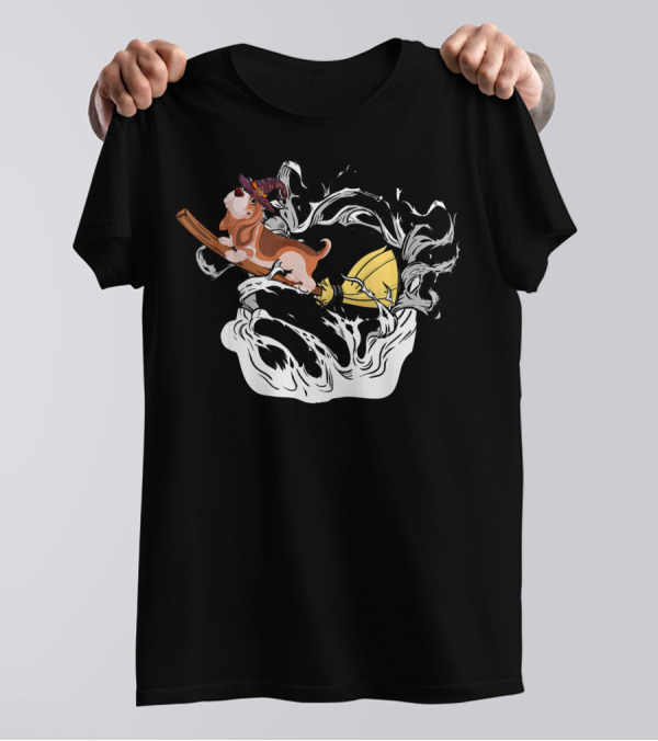 Basset Hound Dog In Witch Hat Riding Broomstick With Swirling Smoke T-Shirt