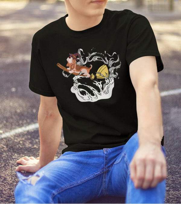 Basset Hound Dog In Witch Hat Riding Broomstick With Swirling Smoke T-Shirt