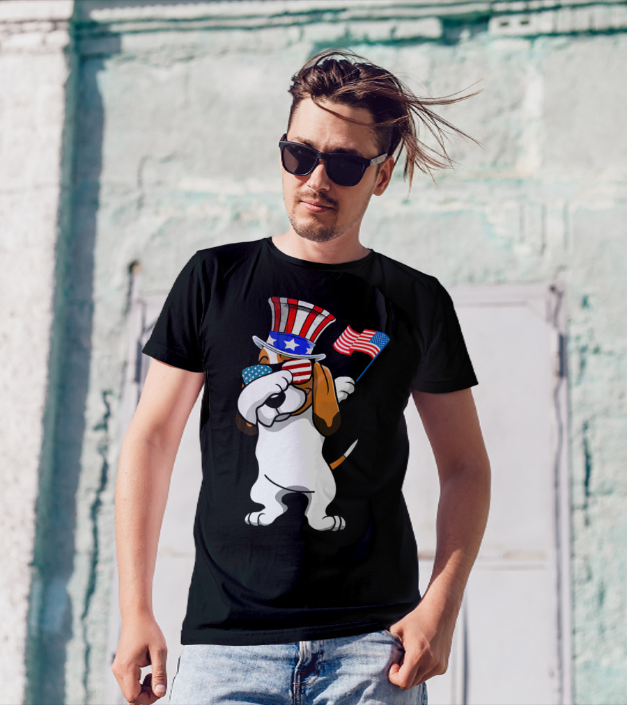 Basset Hound Dabbing Patriotic Dog Dad With American Flag 4th Of July T-Shirt
