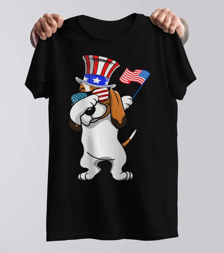 Basset Hound Dabbing Patriotic Dog Dad With American Flag 4th Of July T-Shirt