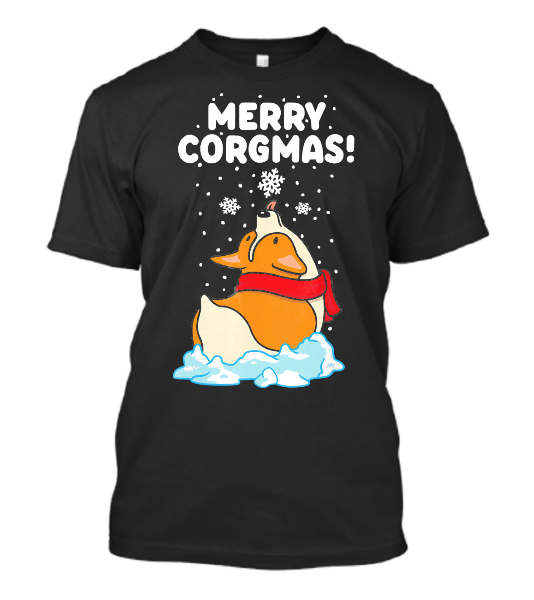 Merry Corgmas Corgi Snowflakes Red Scarf Winter Scene T-Shirt