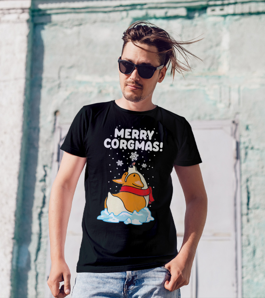 Merry Corgmas Corgi Snowflakes Red Scarf Winter Scene T-Shirt