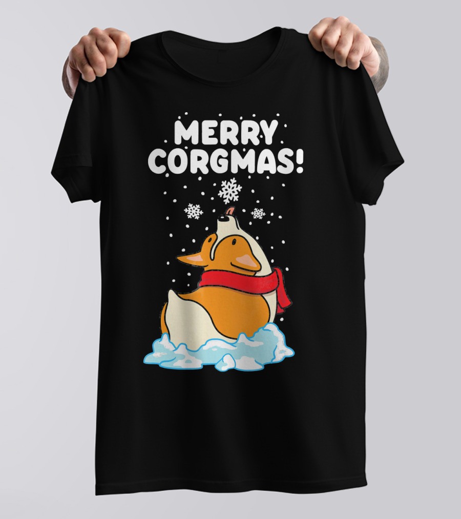 Merry Corgmas Corgi Snowflakes Red Scarf Winter Scene T-Shirt