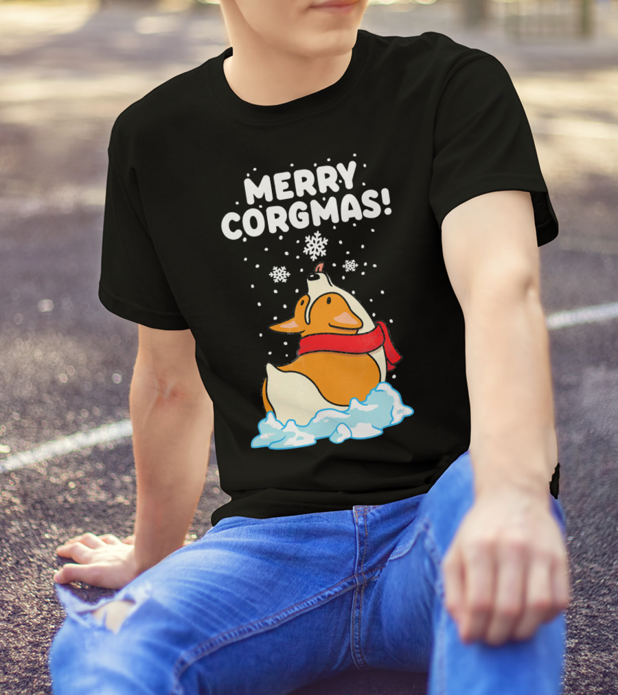 Merry Corgmas Corgi Snowflakes Red Scarf Winter Scene T-Shirt