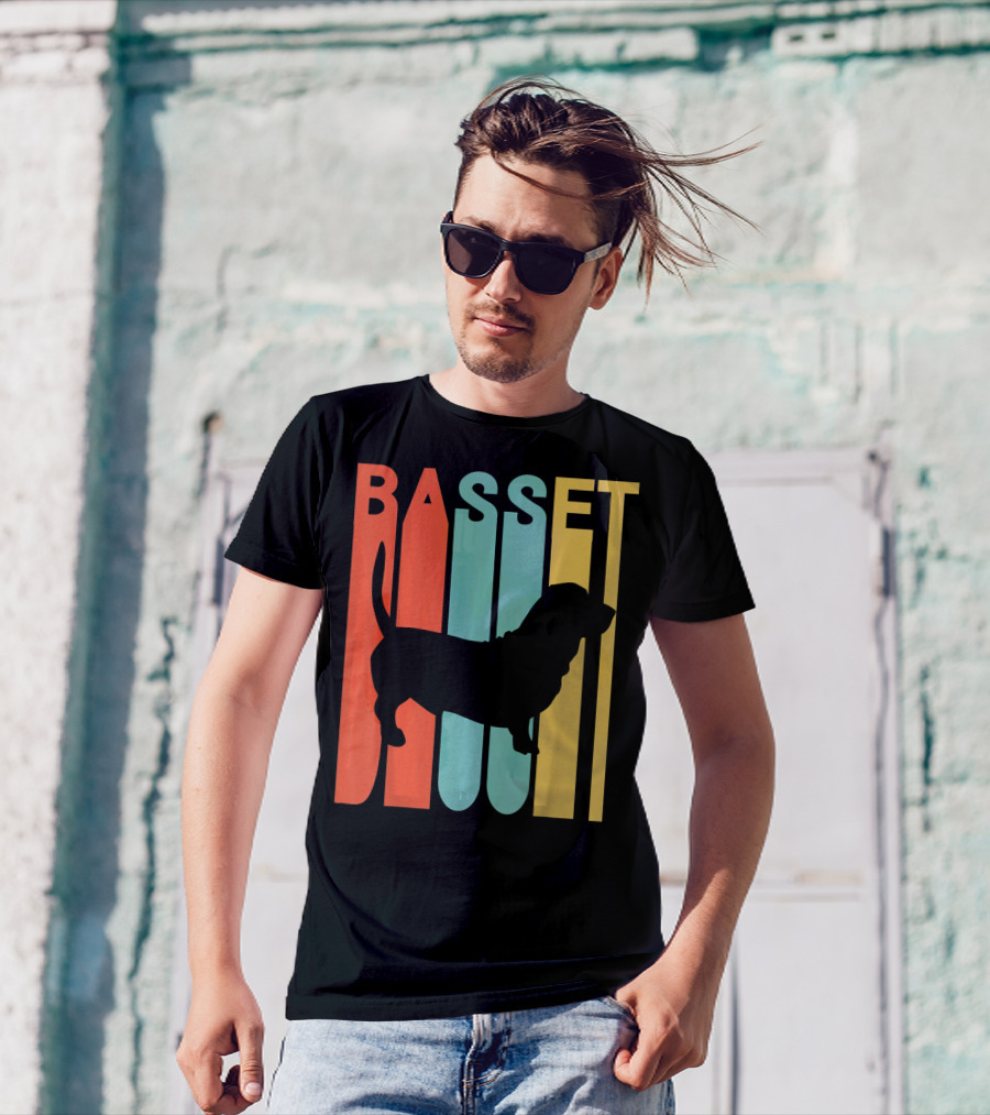Basset Hound Silhouette Retro Stripe T-Shirt