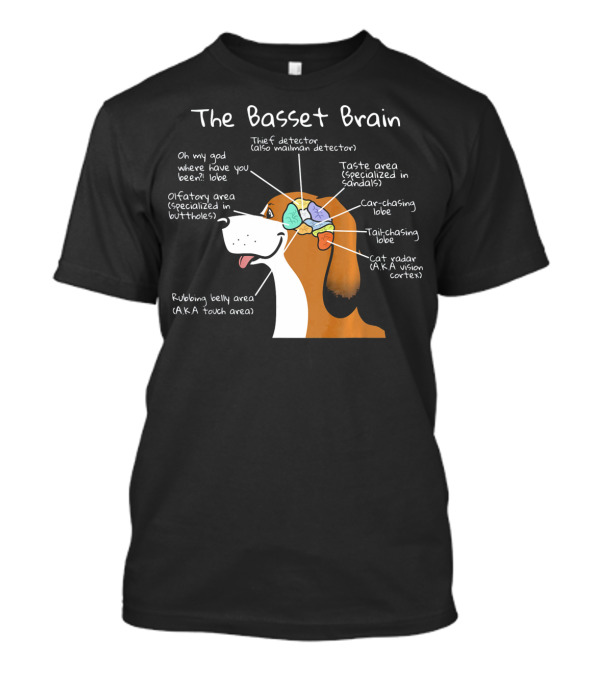 The Basset Brain Oh My God Where Have You Been Lobe Thief Detector Taste Area Lobe Car-Chasing Lobe Cat Radar Vision Cortex T-Shirt