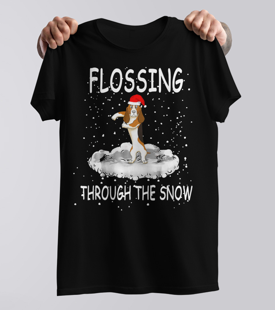 Flossing Through The Snow Basset Hound Santa Hat T-Shirt