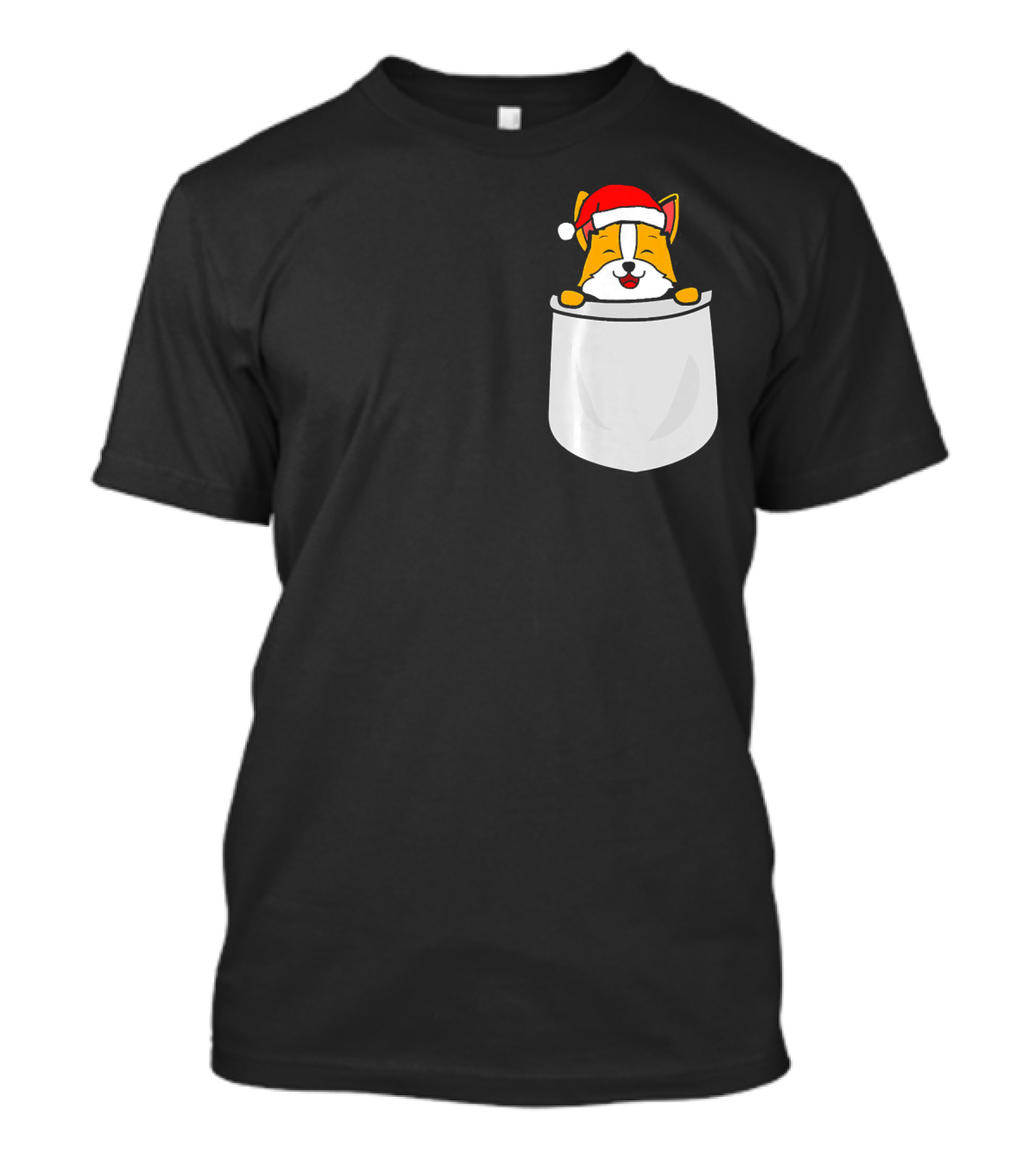 Santa Corgi In Christmas Hat Pocket T-Shirt