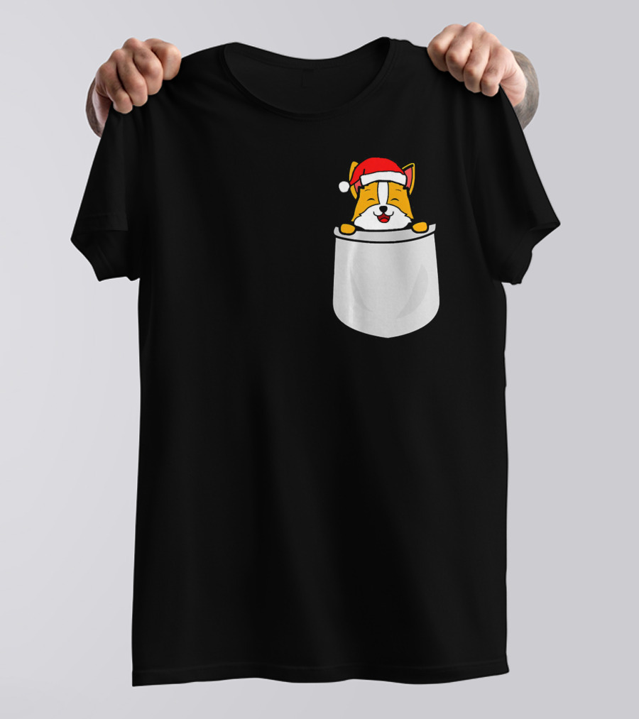 Santa Corgi In Christmas Hat Pocket T-Shirt