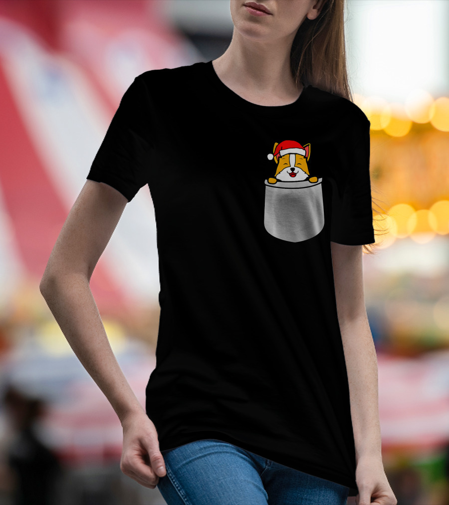 Santa Corgi In Christmas Hat Pocket T-Shirt