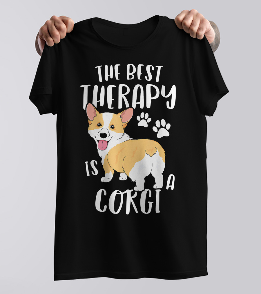 The Best Therapy Is A Corgi With Paw Prints And Cute T-Shirt
