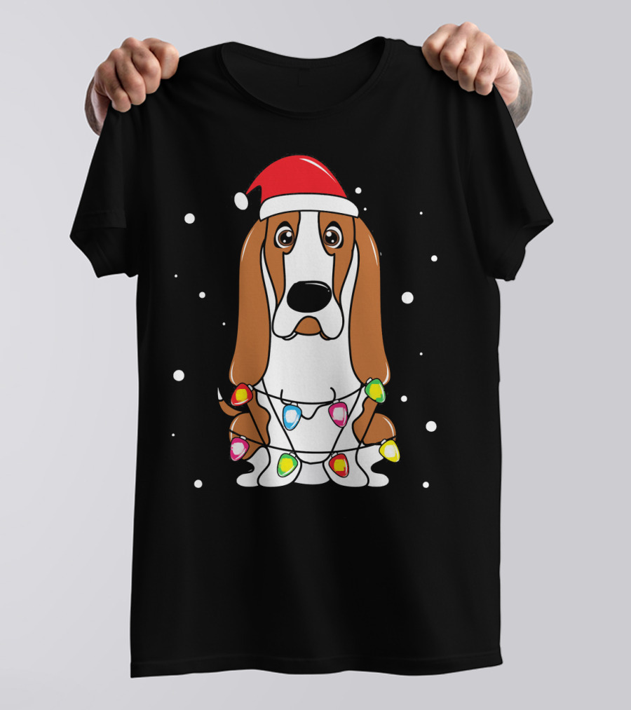 Basset Hound Christmas Lights Santa Hat Snowflakes T-Shirt