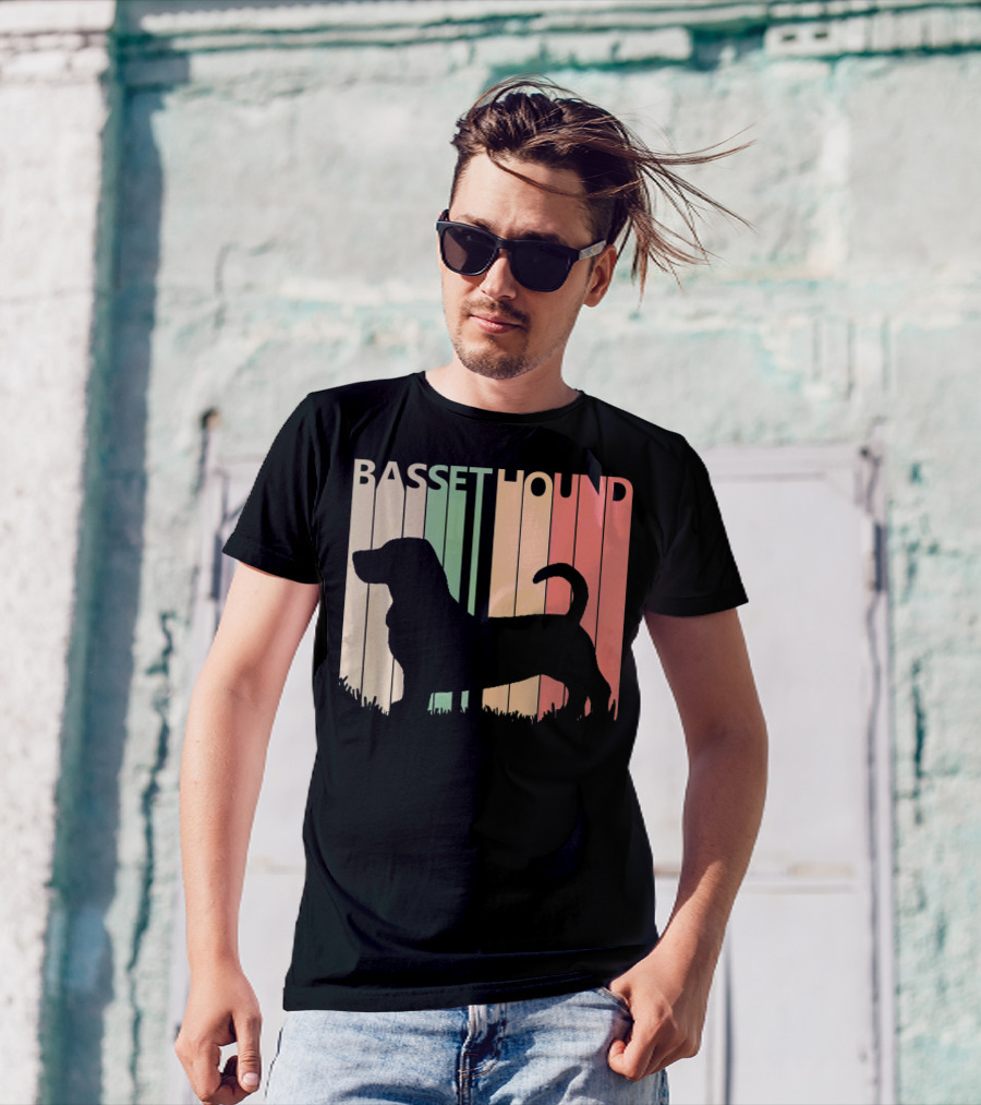 Basset Hound Silhouette Retro Stripes Valentines Day T-Shirt