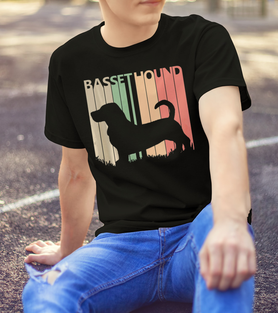 Basset Hound Silhouette Retro Stripes Valentines Day T-Shirt