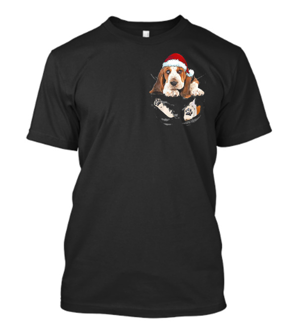 Basset Hound Santa Hat In Pocket With Paw Prints T-Shirt