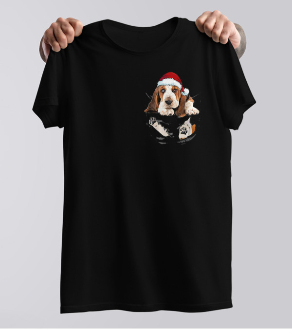 Basset Hound Santa Hat In Pocket With Paw Prints T-Shirt