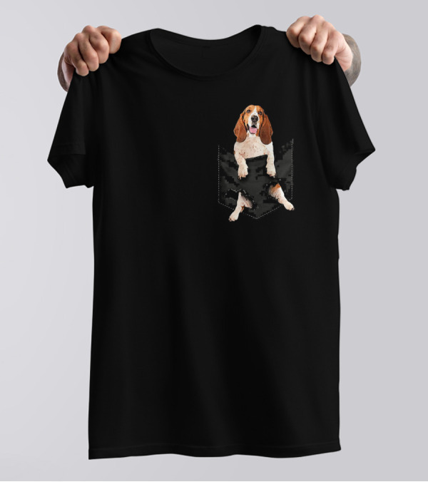 Funny Basset Hound Peekaboo In Pocket T-Shirt