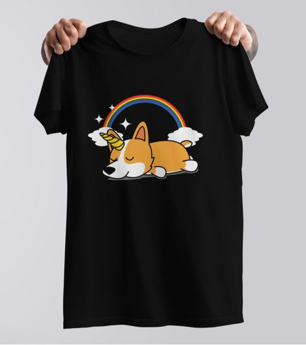 Unicorn Corgi Rainbow Sleeping Dog Fantasy Magic T-Shirt