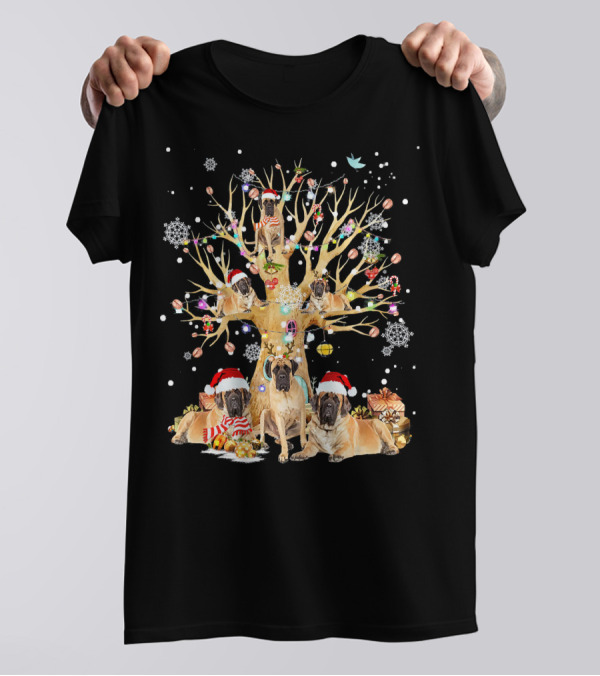 English Mastiff Christmas Tree Ornament Festive Holiday Dogs With Gifts And Snowflakes T-Shirt