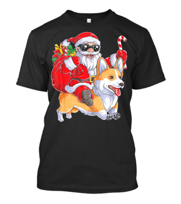 Santa Claus Riding Corgi With Gifts And Candy Cane Christmas T-Shirt