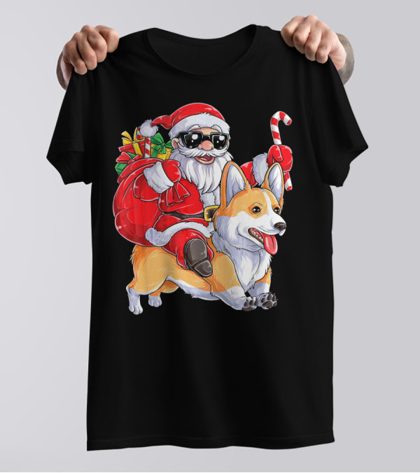 Santa Claus Riding Corgi With Gifts And Candy Cane Christmas T-Shirt