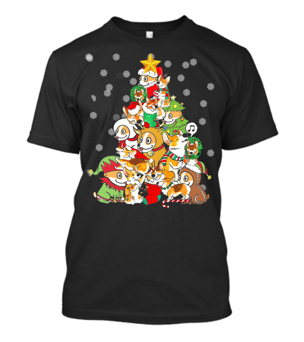 Corgi Festive Christmas Tree With Santa Hats And Snowflakes T-Shirt