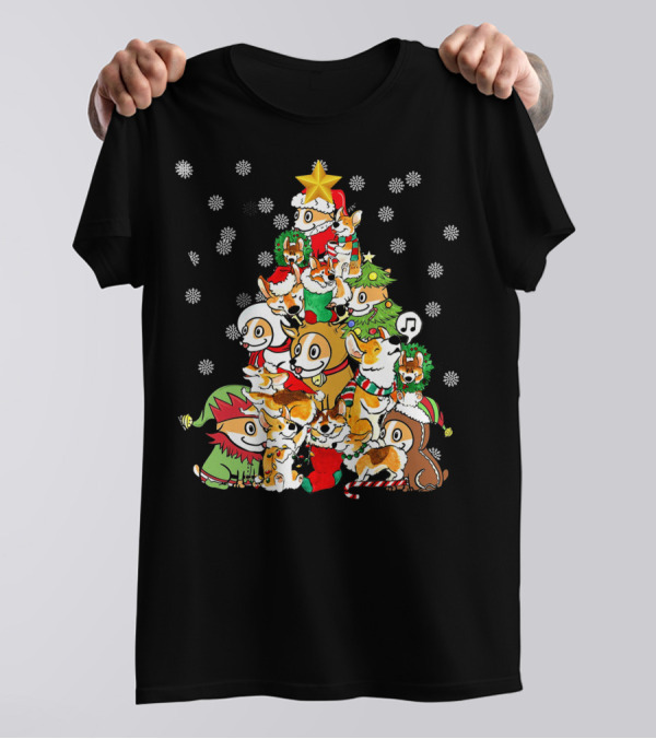 Corgi Festive Christmas Tree With Santa Hats And Snowflakes T-Shirt