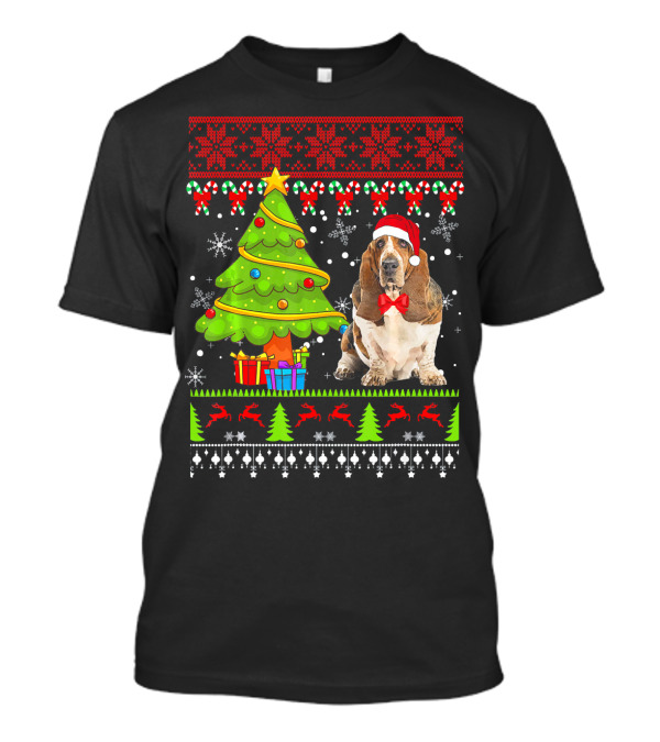 Basset Hound Ugly Christmas Tree Santa Hat Snowflakes Reindeers T-Shirt