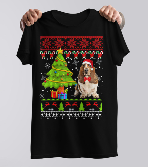 Basset Hound Ugly Christmas Tree Santa Hat Snowflakes Reindeers T-Shirt