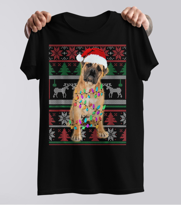 BullMastiff Christmas Lights Ugly Sweater Santa Hat T-Shirt