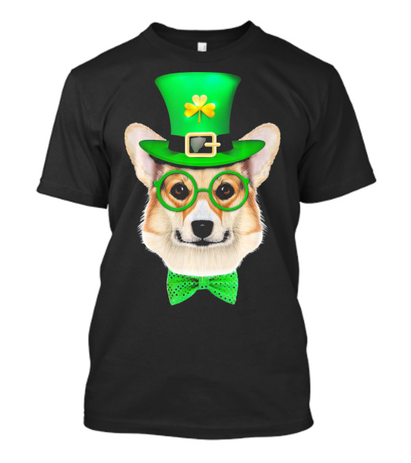 Corgi Dog Wearing Leprechaun Hat And Green Bow Tie T-Shirt
