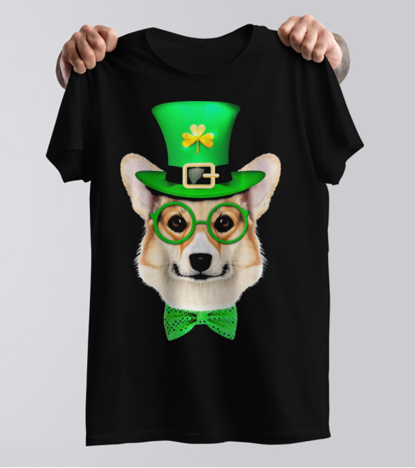 Corgi Dog Wearing Leprechaun Hat And Green Bow Tie T-Shirt