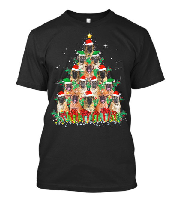 Cute English Mastiff Christmas Tree With Santa Hats And Presents T-Shirt