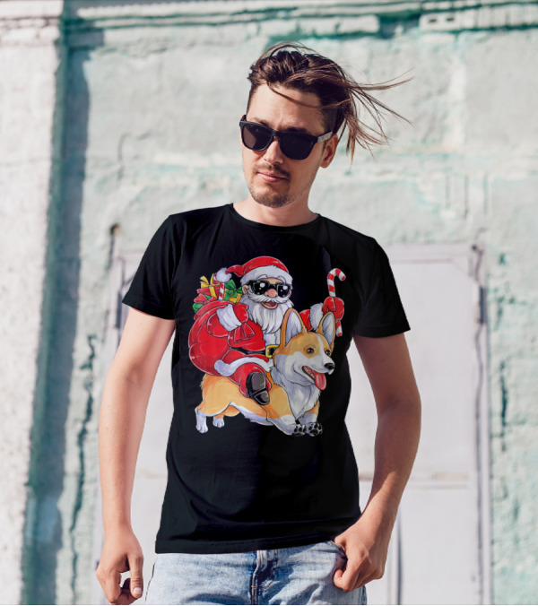 Santa Claus Riding Corgi With Candy Cane And Gift Bag T-Shirt