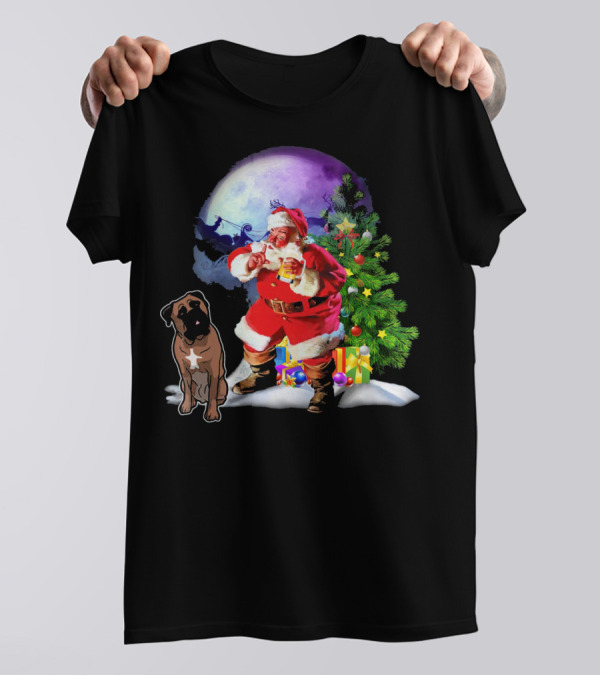 Bullmastiff Santa Pine Xmas Family Moon Sleigh T-Shirt