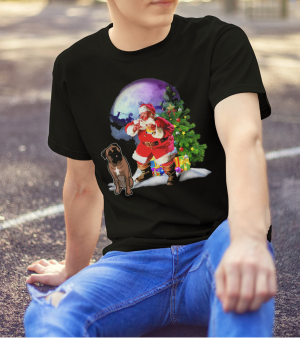 Bullmastiff Santa Pine Xmas Family Moon Sleigh T-Shirt