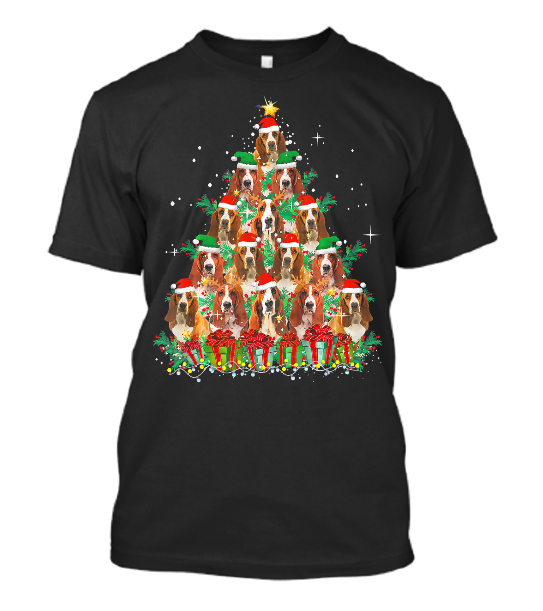 Cute Basset Hound Christmas Tree Santa Hats Presents T-Shirt