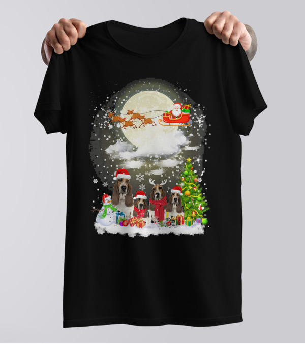 Basset Hound Christmas Santa Sleigh Moon Snow Scene T-Shirt