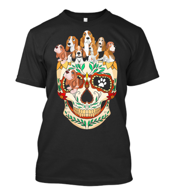 Basset Hound Sugar Skull With Colorful Floral And Paw Print Motif T-Shirt